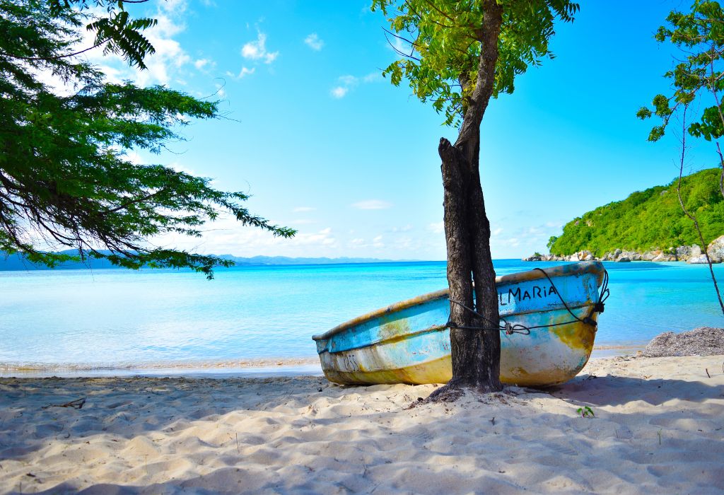 Een authentieke vissersboot rust tegen een boom op een verlaten zandstrand met helderblauw water, een typisch rustmoment tijdens je vakantie Costa Rica. Deze foto vangt de relaxte sfeer van de Pacifische kust en nodigt uit tot het ontdekken van verborgen baaien tijdens een rondreis Costa Rica.