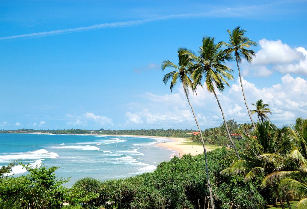 Brede kustlijn met wit zand en palmbomen onder een stralend blauwe lucht in Sri Lanka